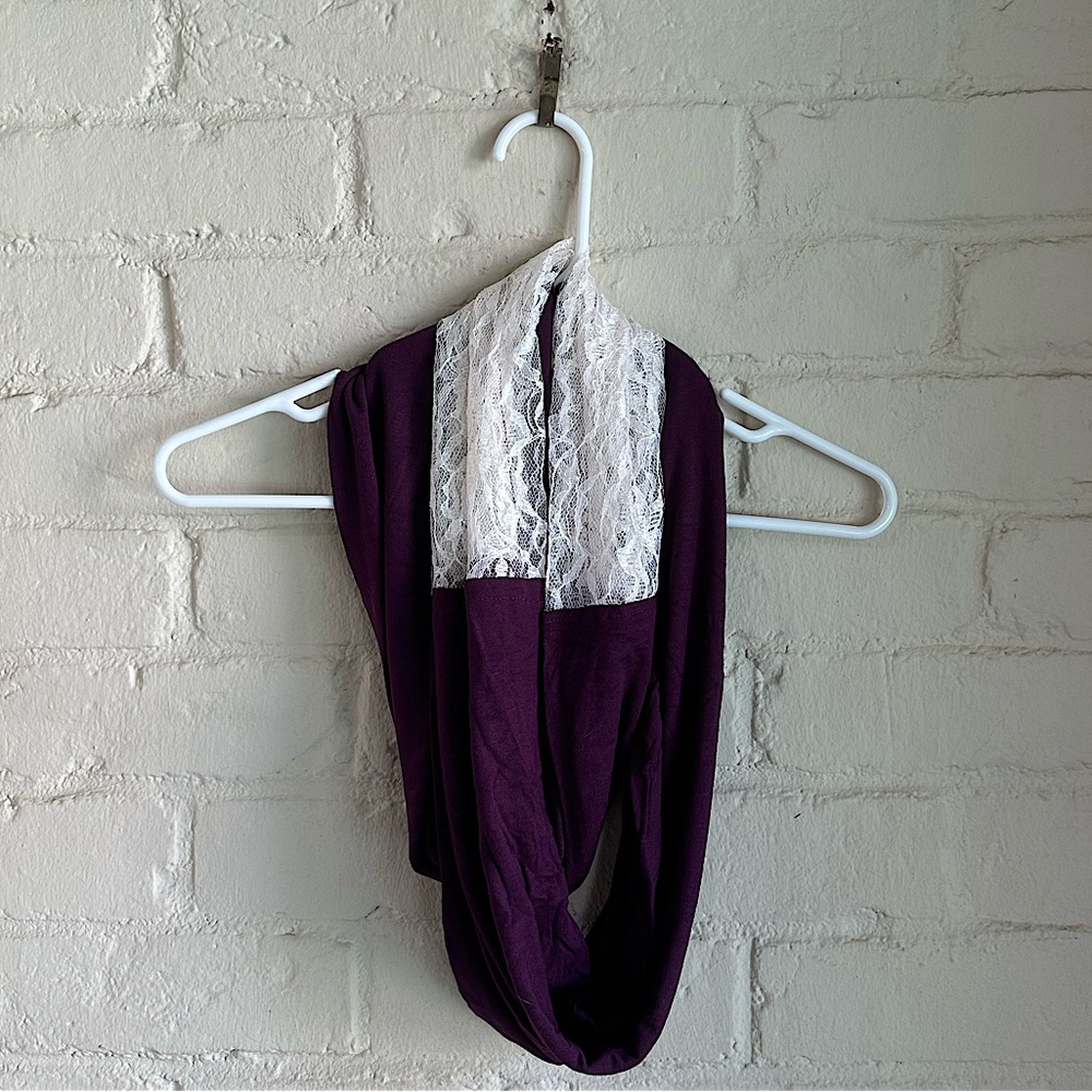 Handmade deep purple and white lace infinity scarf